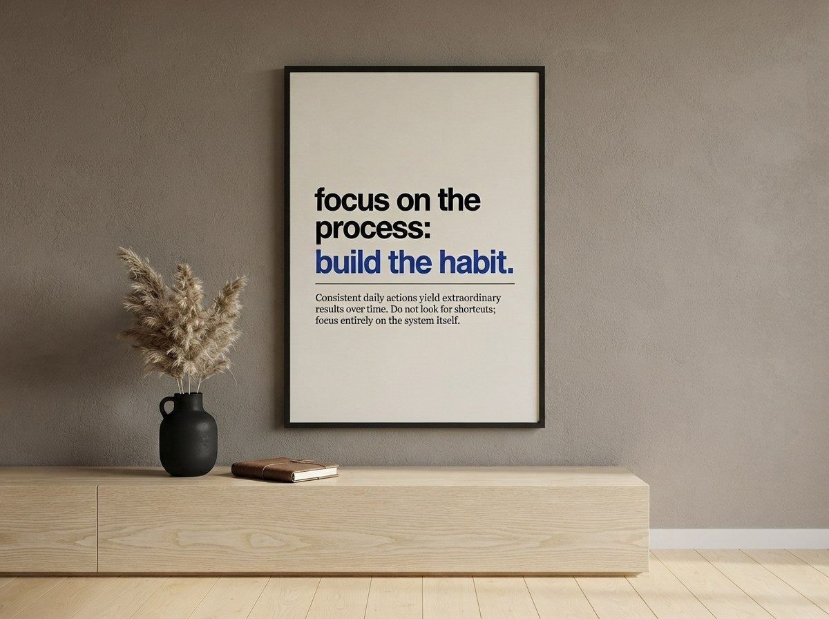 Focus on the process yazılı minimalist motivasyon posteri, bej duvarda siyah çerçeveli