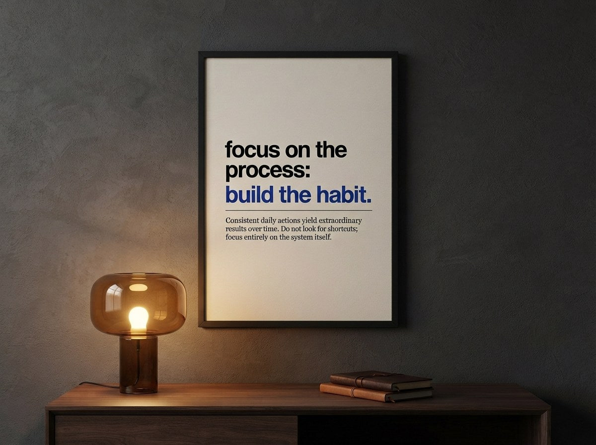 Minimalist tipografi posteri, koyu gri duvarda masa lambasının ışığında çerçeveli