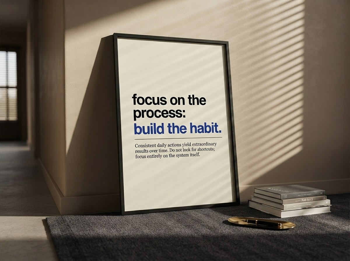 Motivasyon posteri, gün ışığı düşen duvara yaslanmış siyah çerçeveli hâlde