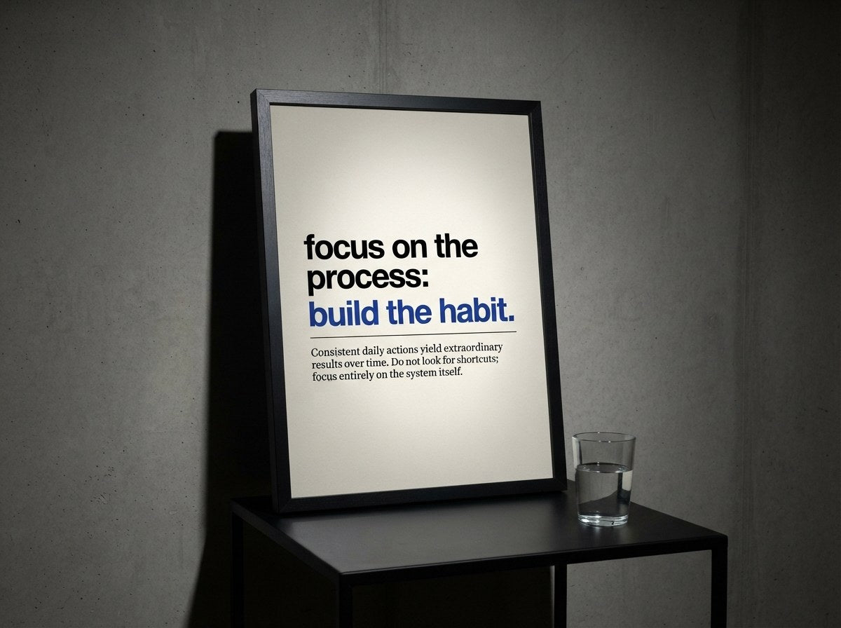 Focus on the process posteri, koyu beton duvarın önünde siyah sehpaya yaslanmış