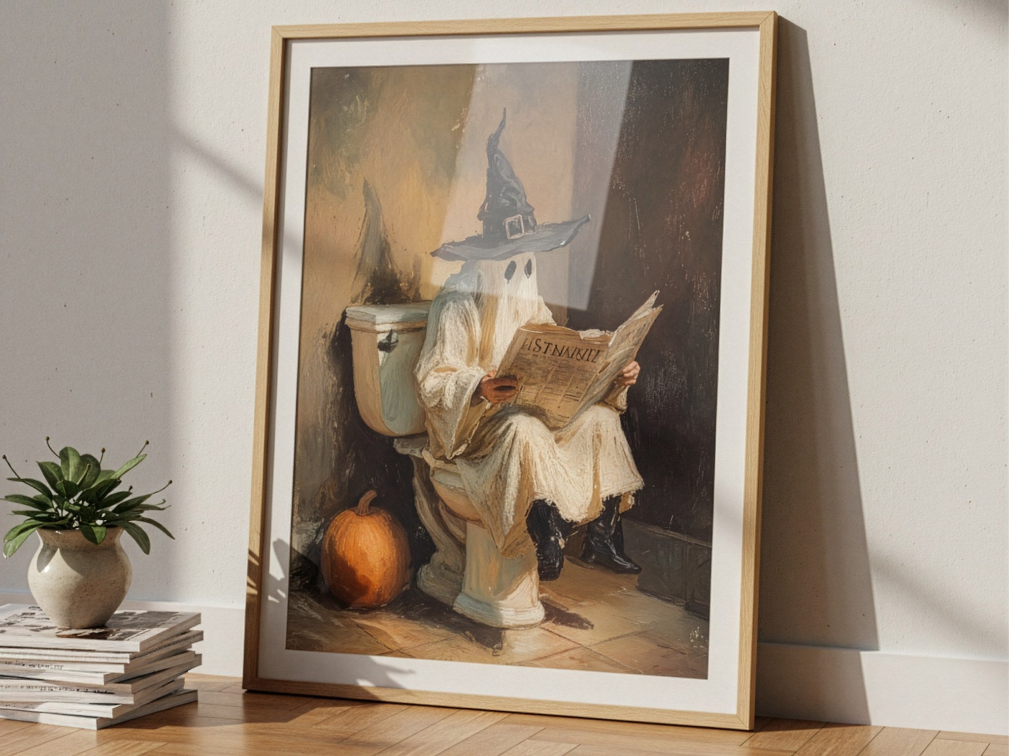 Gazete okuyan hayalet posteri, kitap yığınının yanında duvara yaslanmış çerçeveli