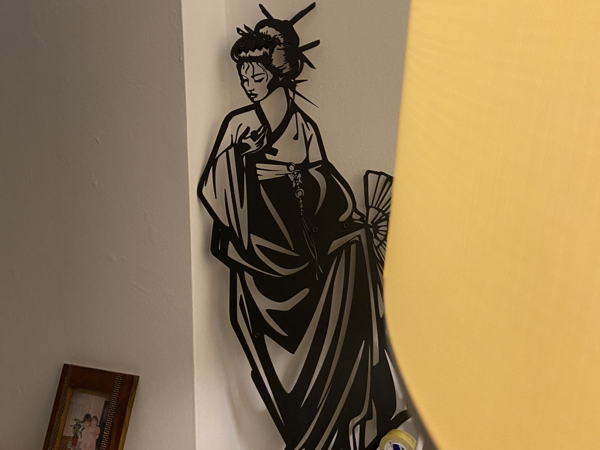 Geisha ahşap duvar dekoru, yatak odası için Japon esintili duvar sanatı, yakın detay