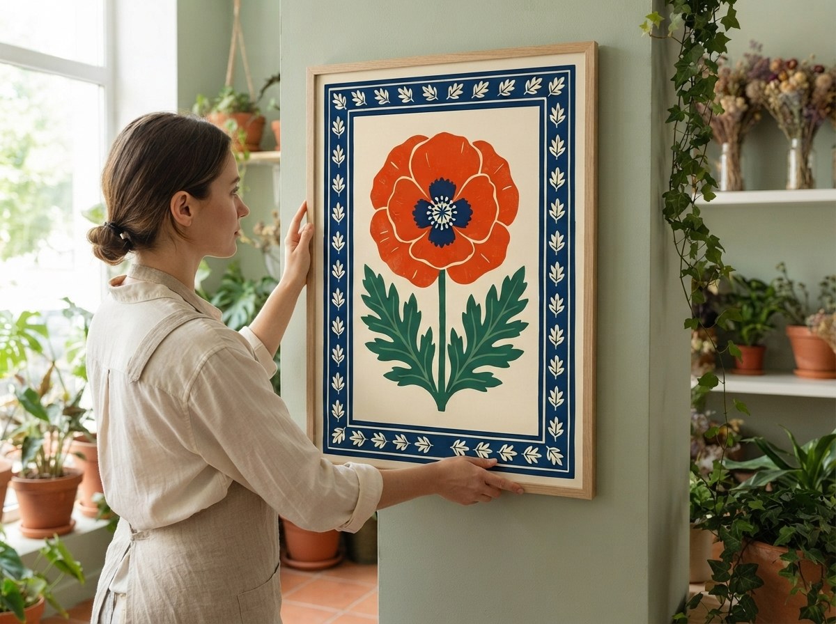 Gelincik posterini duvara asan kadın, çerçeveli posterin gerçek ölçüsünü gösteriyor