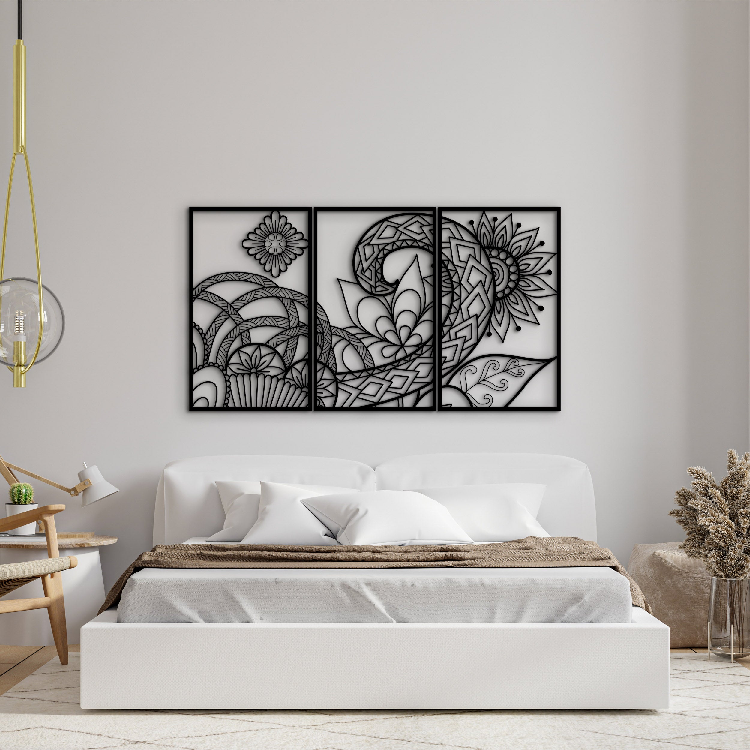 Geometrik Çicek Desenli 3'lü Duvar Dekoru Seti