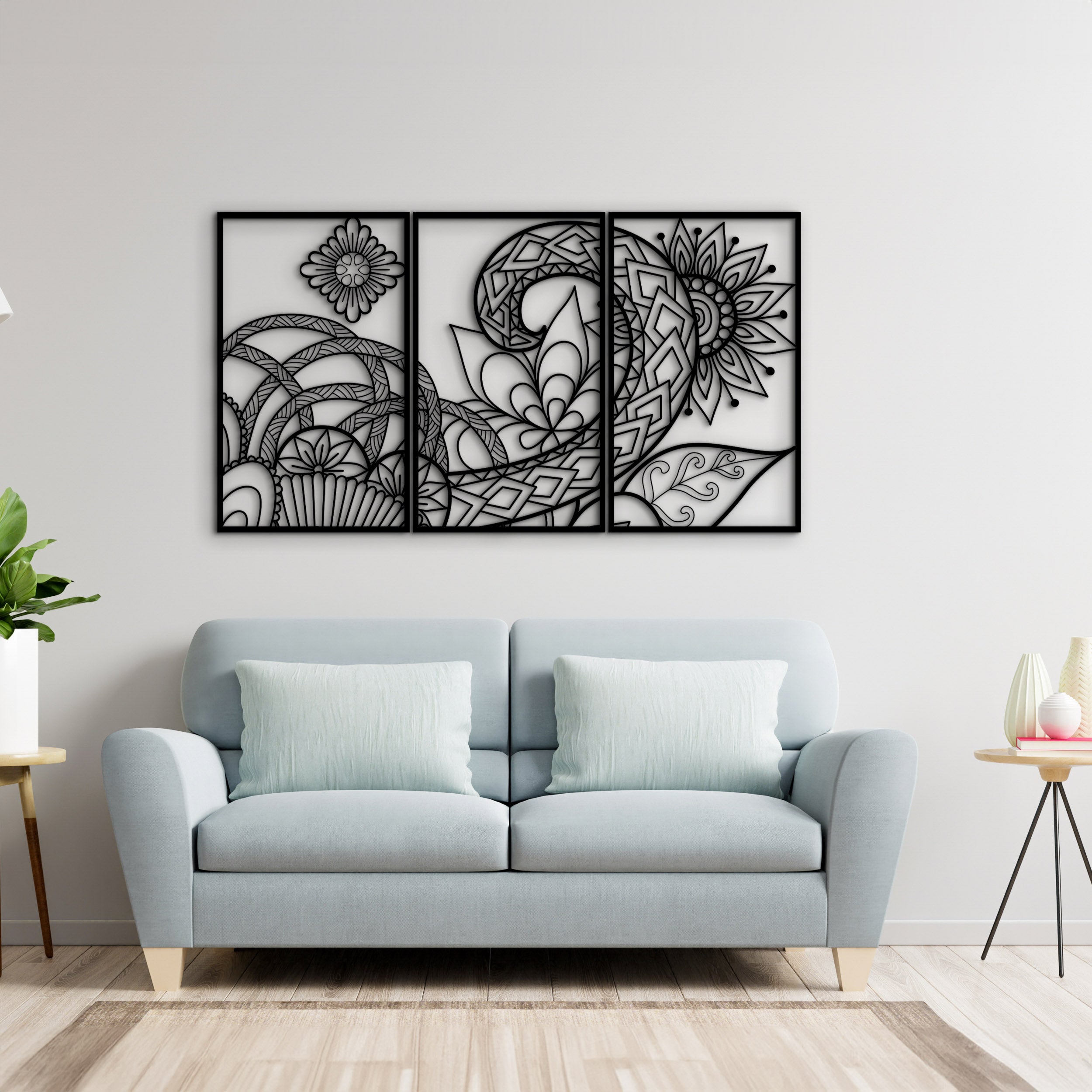 Geometrik Çicek Desenli 3'lü Duvar Dekoru Seti