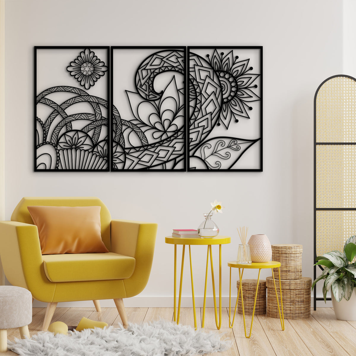 Çiçek desenli geometrik 3'lü set, salon dekorasyonu için ahşap duvar sanatı, ürün detayı
