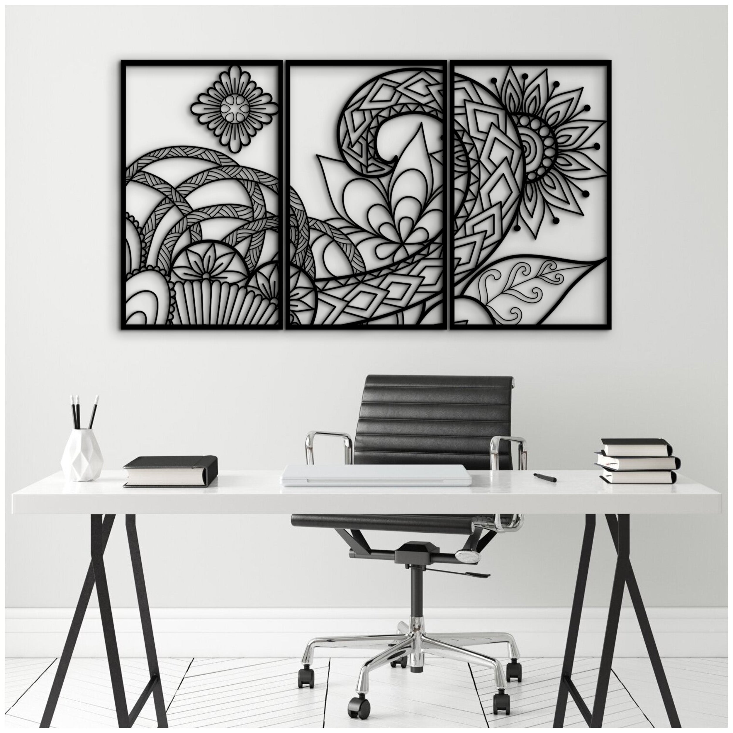 Geometrik Çicek Desenli 3'lü Duvar Dekoru Seti