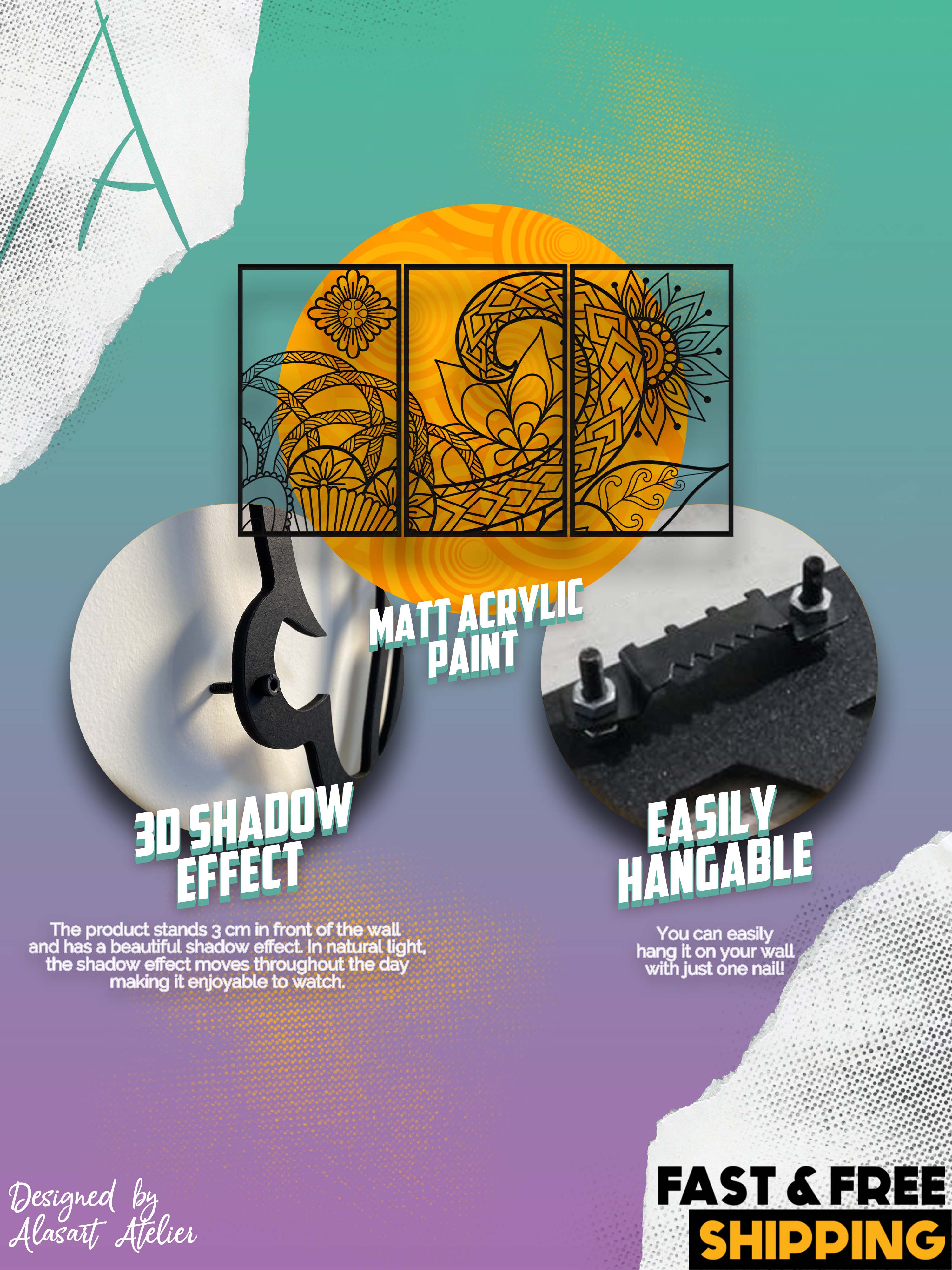 Geometrik Çicek Desenli 3'lü Duvar Dekoru Seti