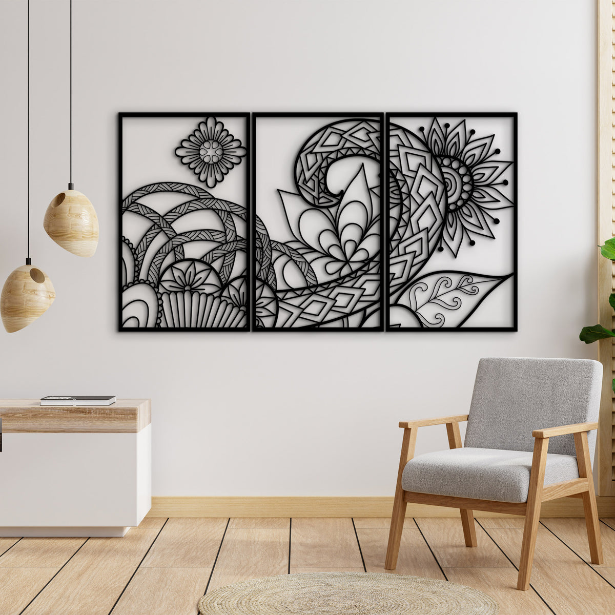 Geometrik çiçek desenli 3'lü duvar dekoru seti, detaylı ürün fotoğrafı