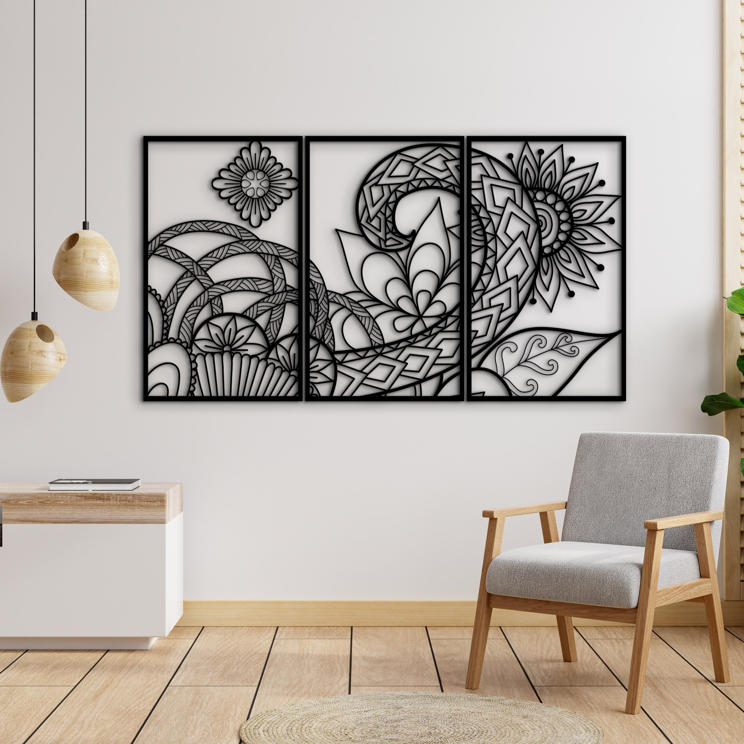 Geometrik Çicek Desenli 3'lü Duvar Dekoru Seti