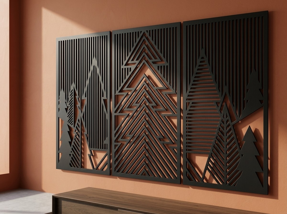 Geometrik çam ormanı duvar dekoru, terrakota duvarda yandan görünüm ve panel derinliği