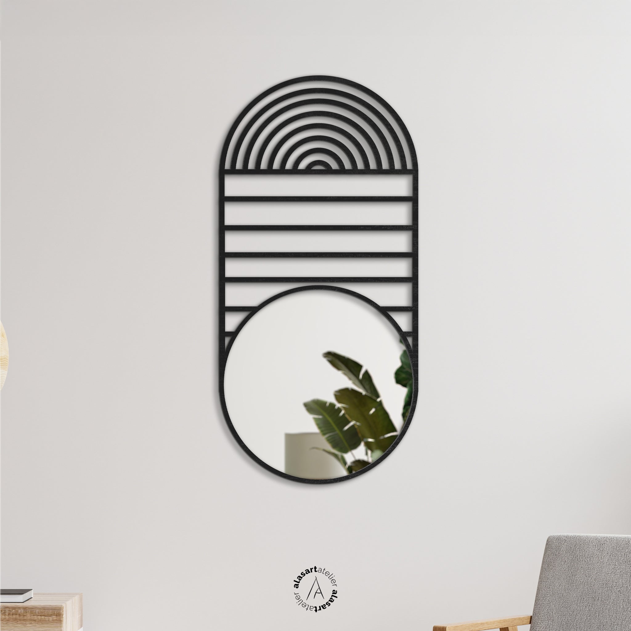 Geometrik oval ahşap duvar aynası