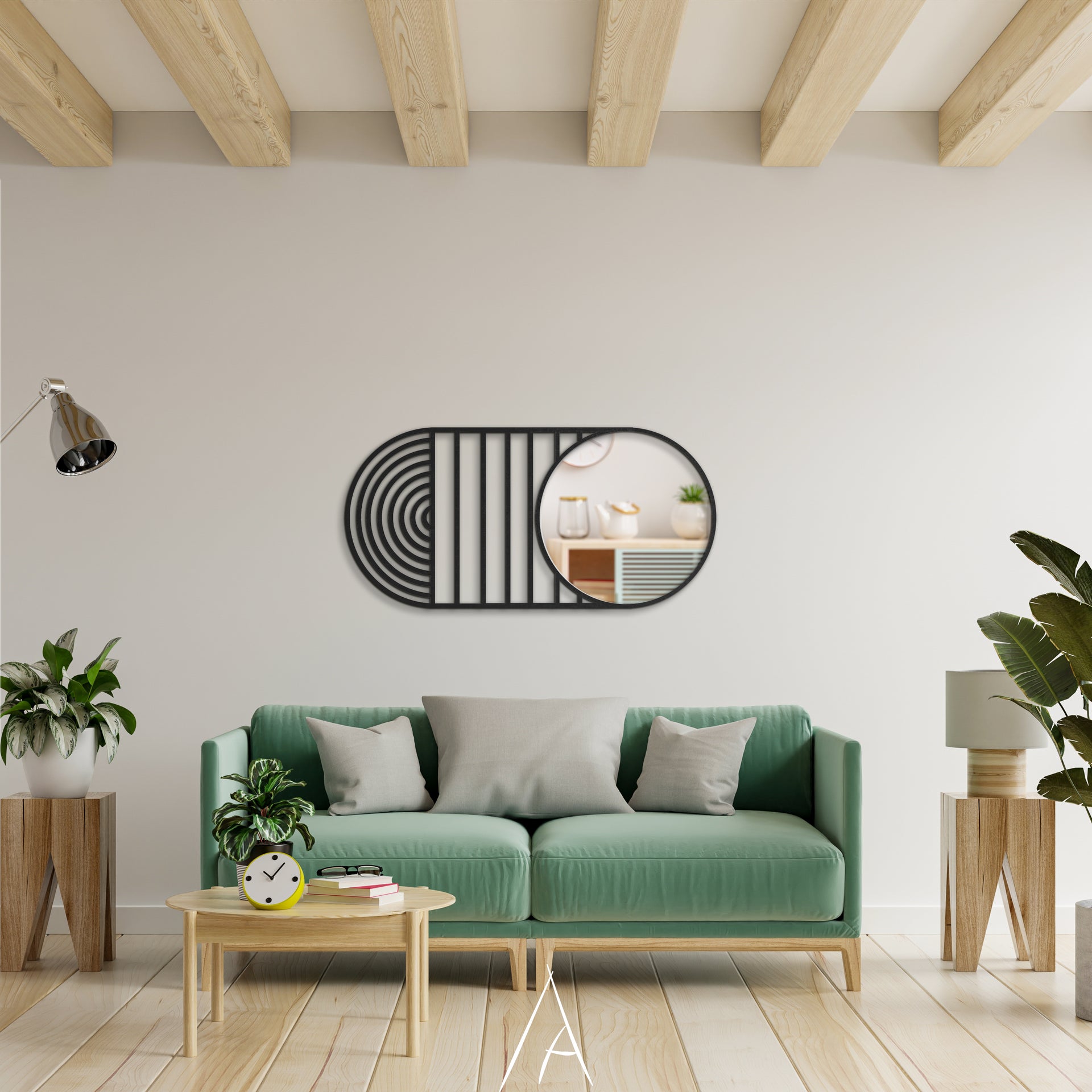 Mid century oval duvar aynası görünümü