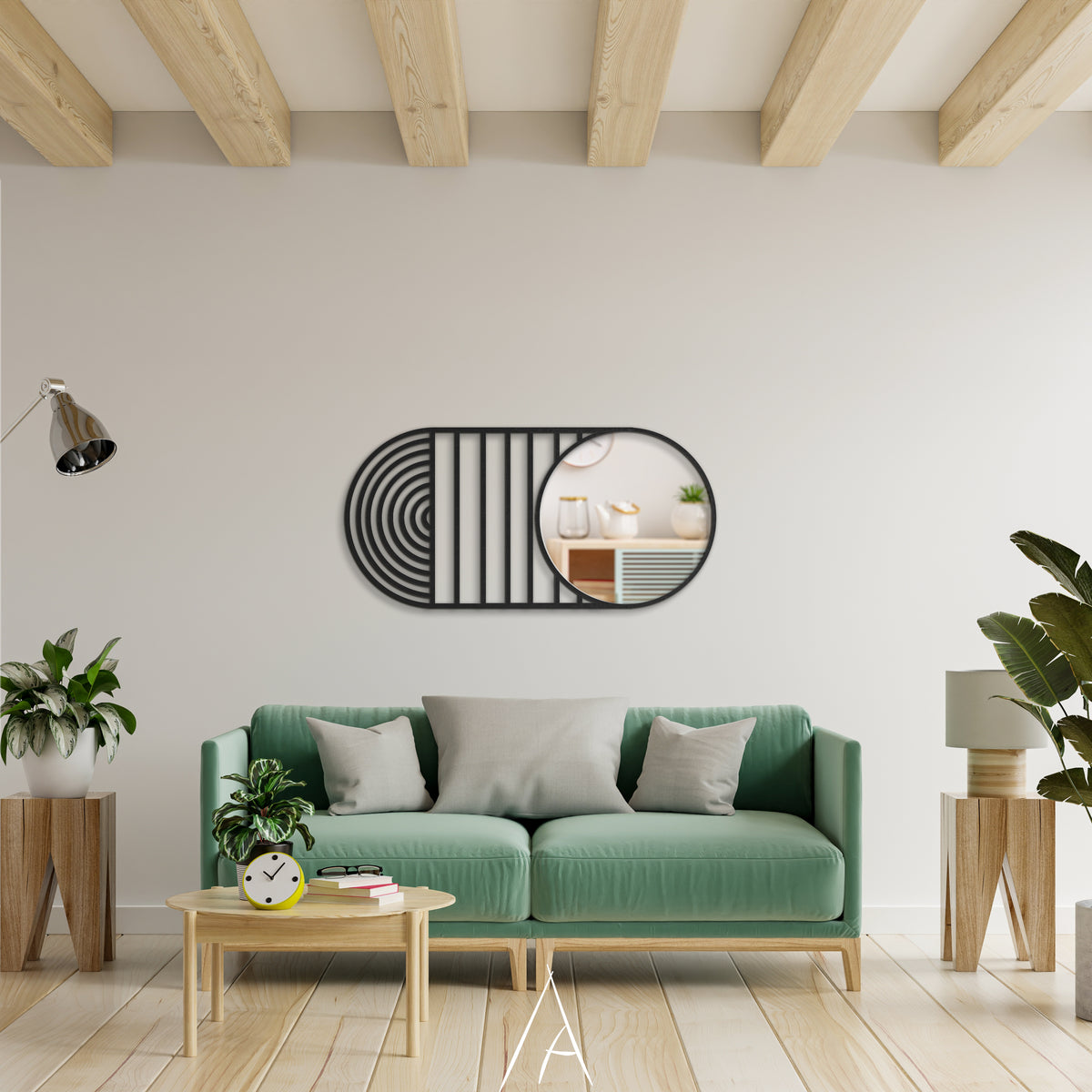 Mid-century tarz geometrik oval duvar aynası yaşam alanı görünümü