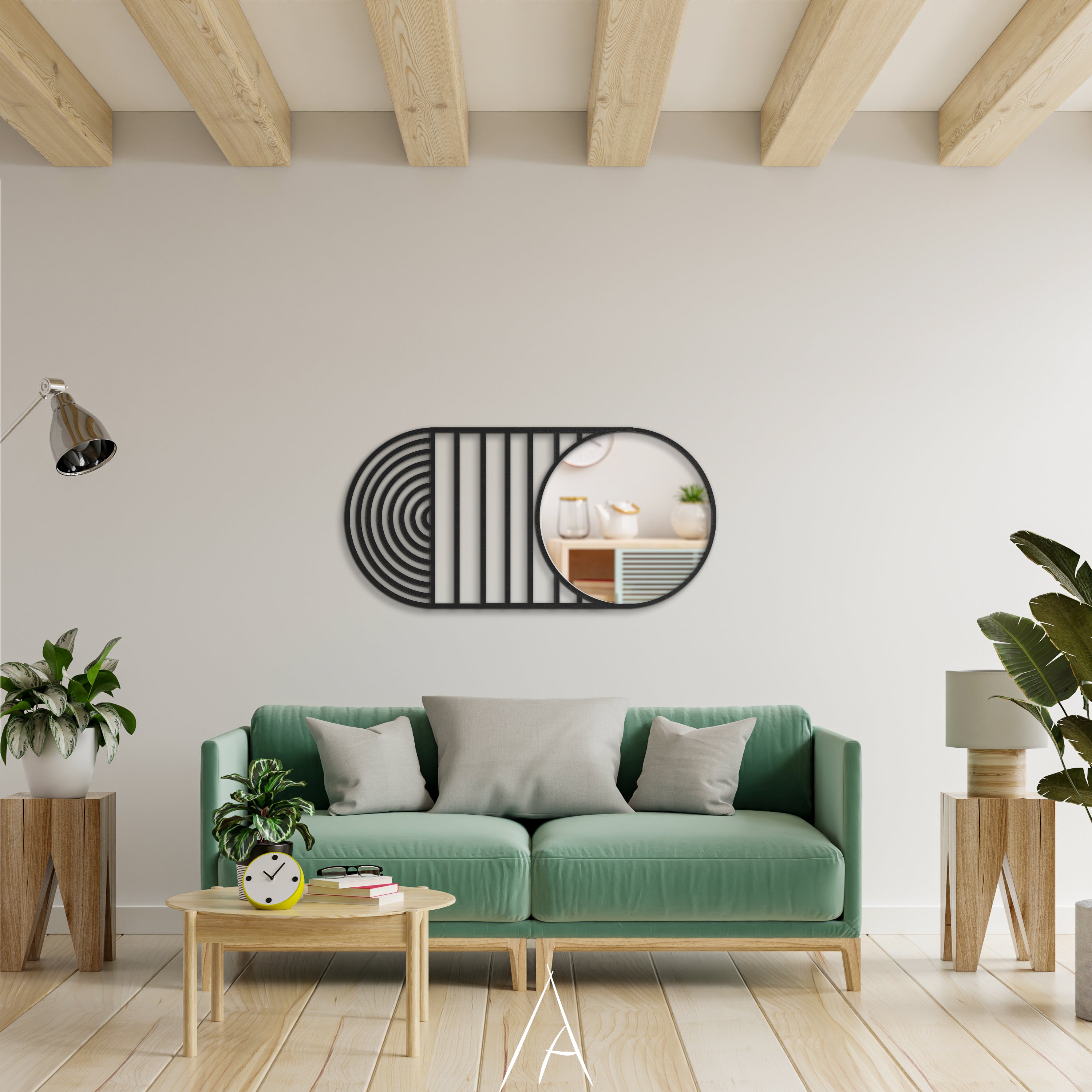Mid century oval duvar aynası görünümü