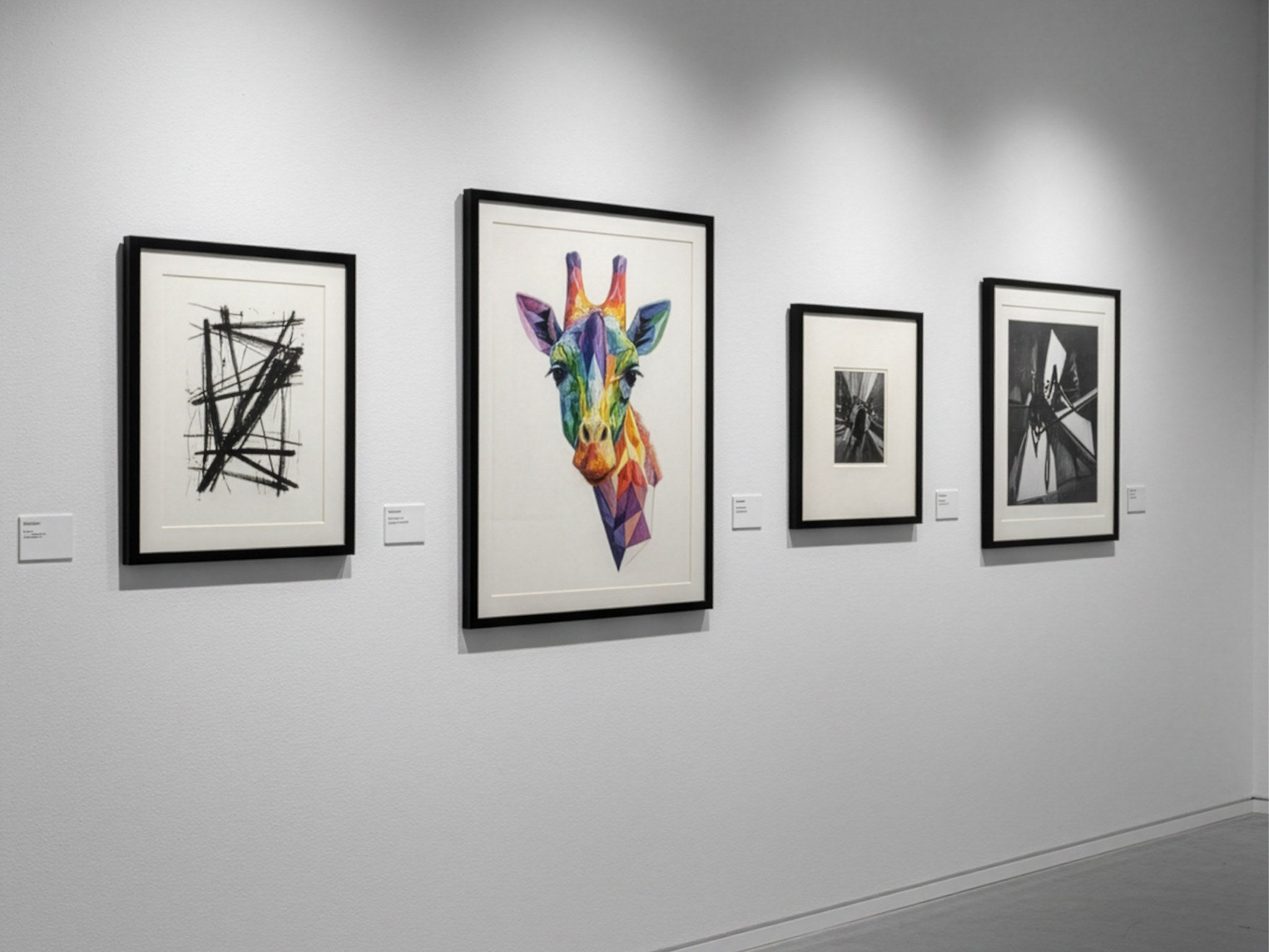 Geometrik zürafa posteri, galeri duvarında diğer çerçevelerle birlikte
