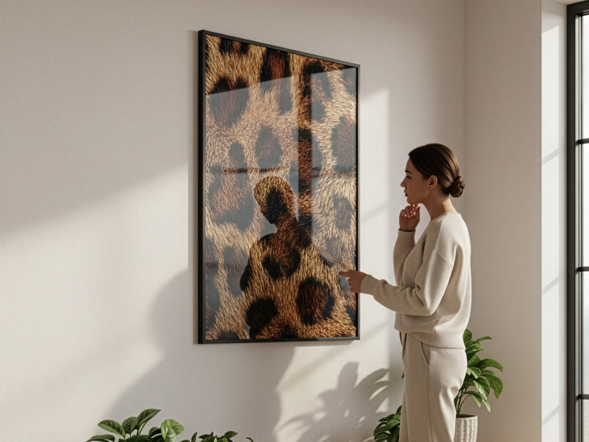 Leopar desenli duvar posteri, insan boyuna göre ölçek karşılaştırmasıyla siyah çerçeveli