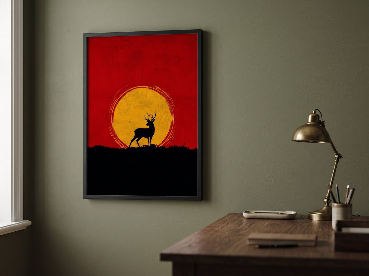 Geyik silueti minimalist poster, çalışma odasında haki yeşil duvarda ahşap masanın üzerinde siyah çerçeveli