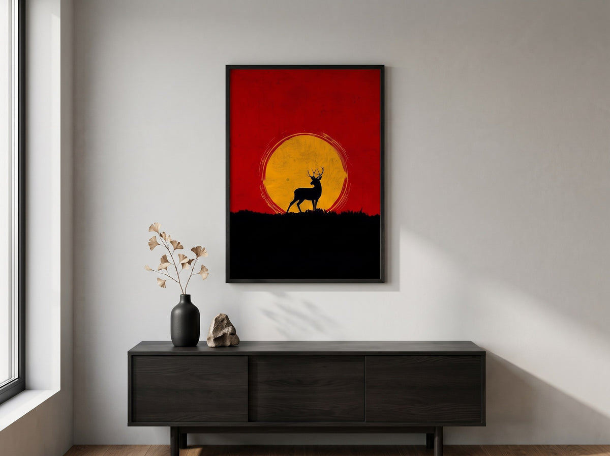 Batan güneş ve geyik silueti Japon minimalist posteri, salonda siyah konsolun üzerinde ginkgo dalıyla