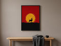 Geyik Silueti ve Batan Güneş Kızıl Minimalist Japon Posteri