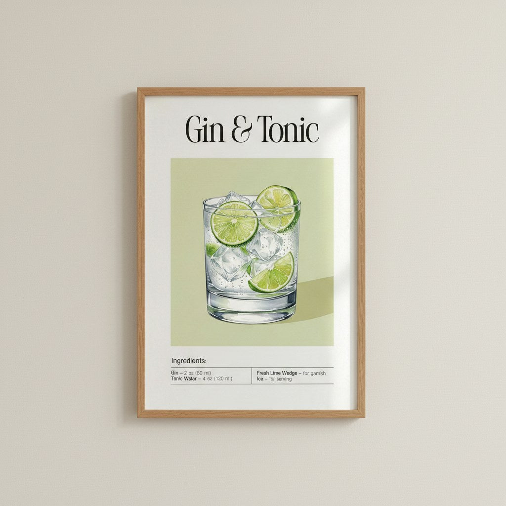 Gin tonic kokteyl posteri, doğal ahşap çerçeveli, açık bej duvarda asılı
