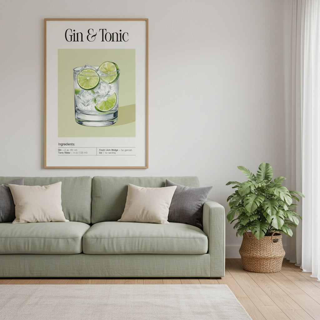 Gin tonic tarifi posteri, salonda yeşil kanepenin üzerinde ahşap çerçeveli duvar dekorasyonu