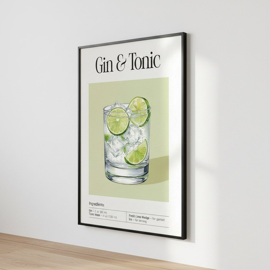 Gin tonic tarifi posteri, beyaz duvarda siyah çerçeveli minimalist dekor