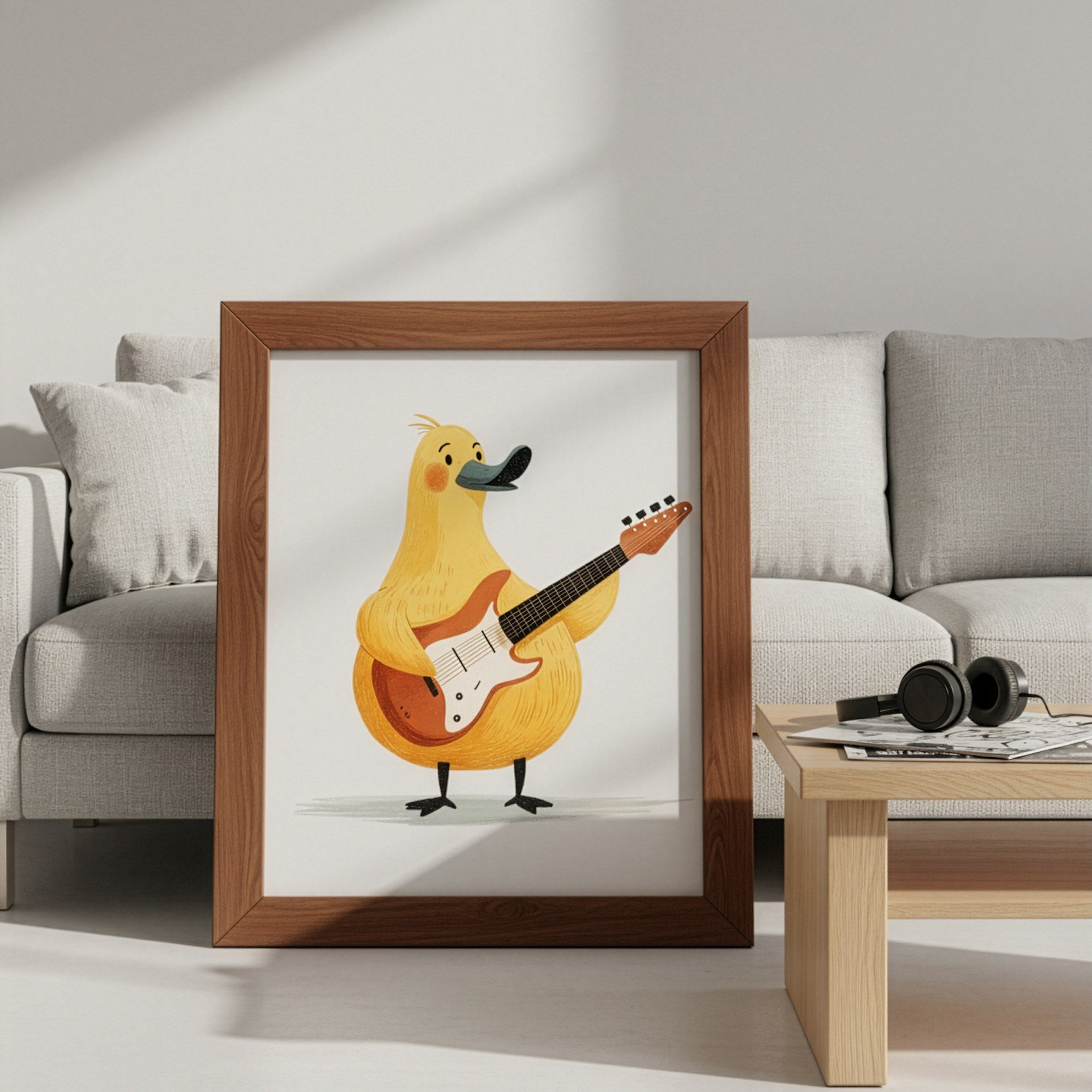 Elektro gitar çalan sevimli ördek posteri, kanepe yanında kalın ahşap çerçeveli