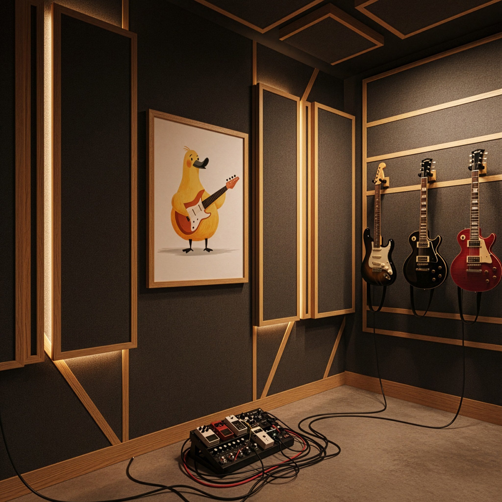 Sevimli ördek posteri, gitarların asılı olduğu koyu tonlu müzik odasında çerçeveli