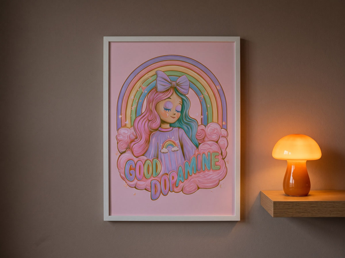 Kawaii pastel kız illüstrasyonu, gri duvarda mantar lambanın turuncu ışıltısıyla beyaz çerçeveli