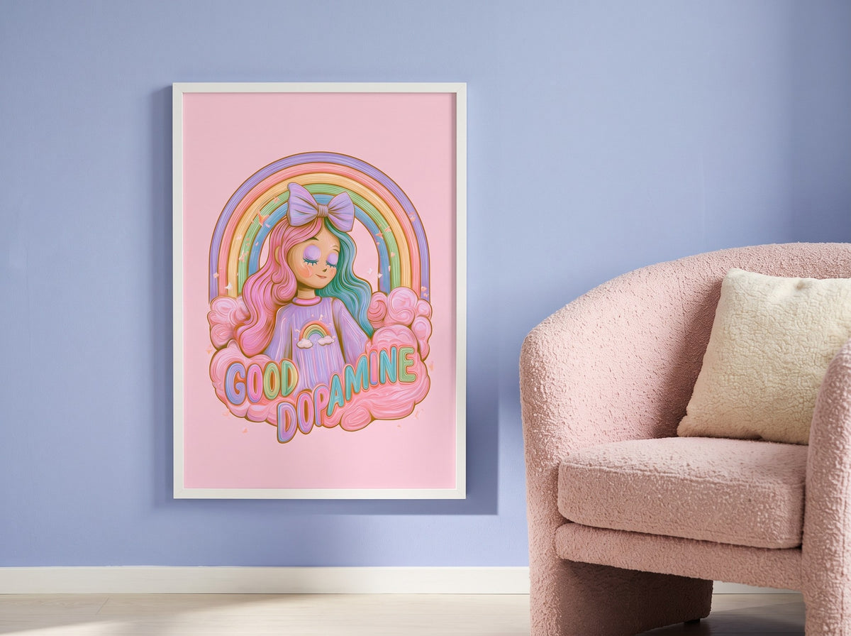 Pastel gökkuşağı ve fiyonklu kız posteri, lavanta mavisi duvarda pembe buklet koltuklu okuma köşesinde