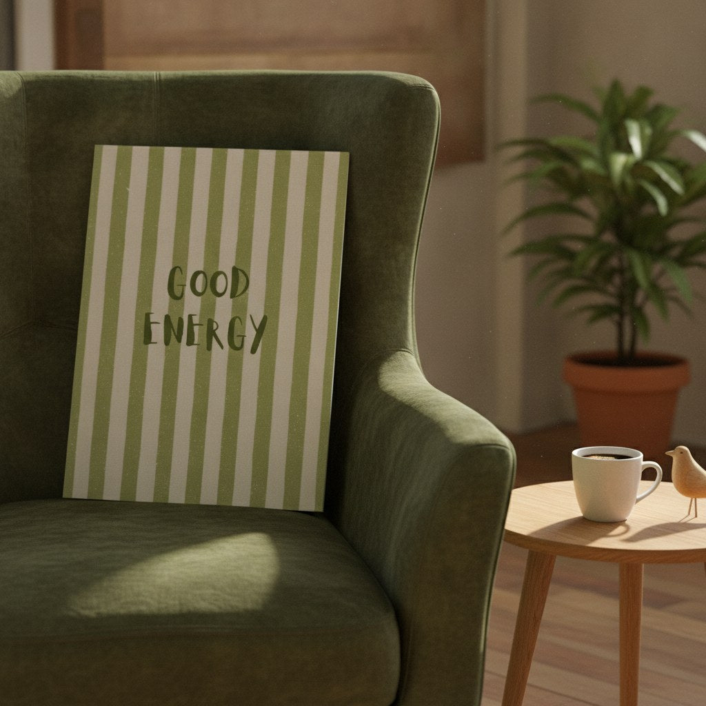 Good Energy posteri, yeşil kadife koltuğun üzerine yaslanmış, yanında kahve fincanı