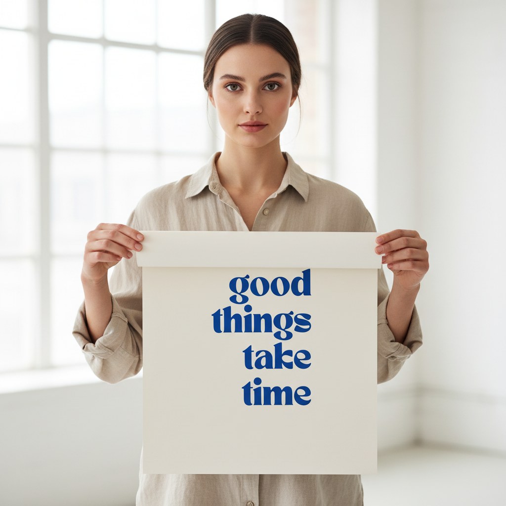 Good Things Take Time posteri elde tutulurken ölçü karşılaştırması