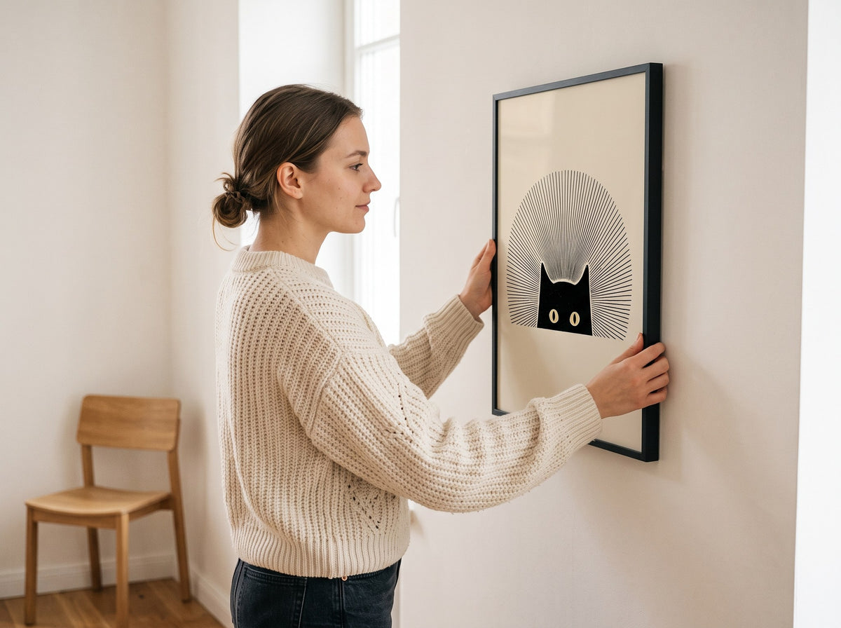Siyah kedi posteri bir kadın tarafından duvara asılırken, siyah çerçeveli poster ölçü karşılaştırması