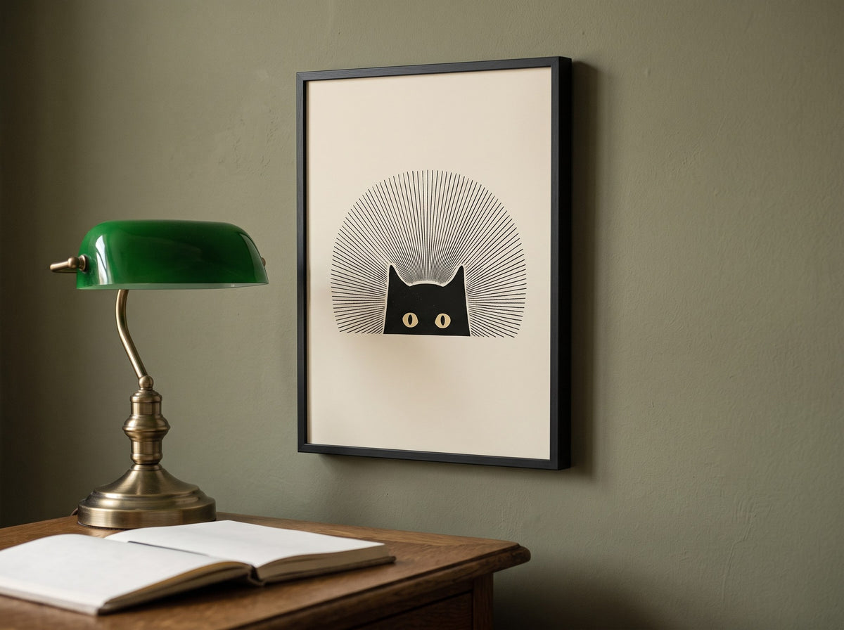 Minimalist siyah kedi posteri, çalışma odasında zeytin yeşili duvarda, banker lambalı masanın üzerinde