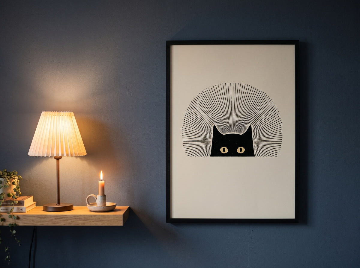 Siyah kedi ve güneş ışınları posteri, lacivert duvarda abajur ve mum ışığında siyah çerçeveli