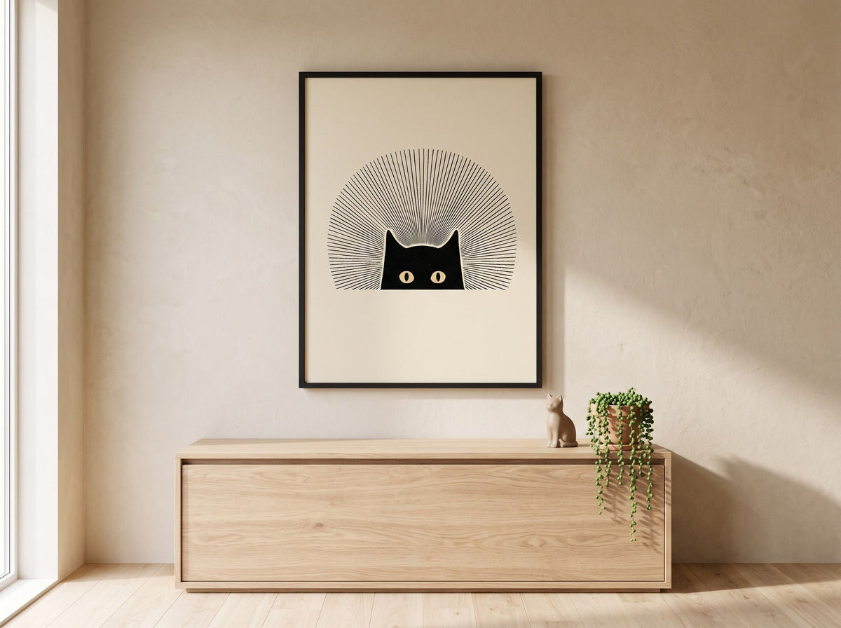 Güneş ışınları arasından bakan kedi posteri, gün ışıklı salonda meşe dolabın üzerinde siyah çerçeveli