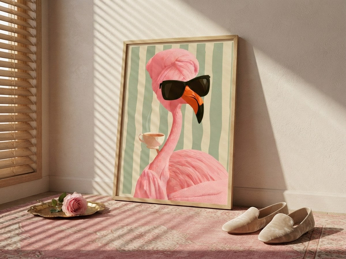 Gözlüklü flamingo duvar sanatı, pembe halı üzerinde yere yaslanmış ahşap çerçeveli