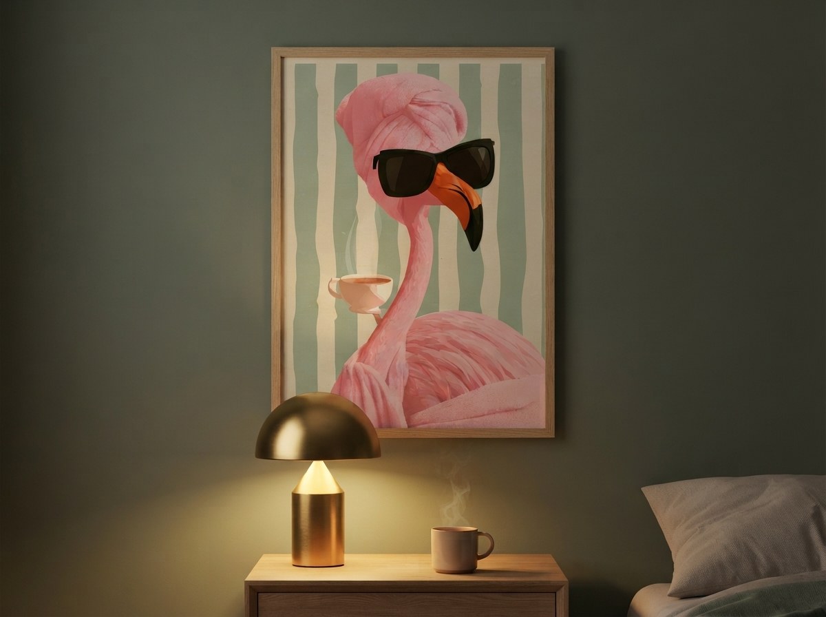 Güneş gözlüklü flamingo posteri, koyu yeşil yatak odası duvarında abajur ışığında
