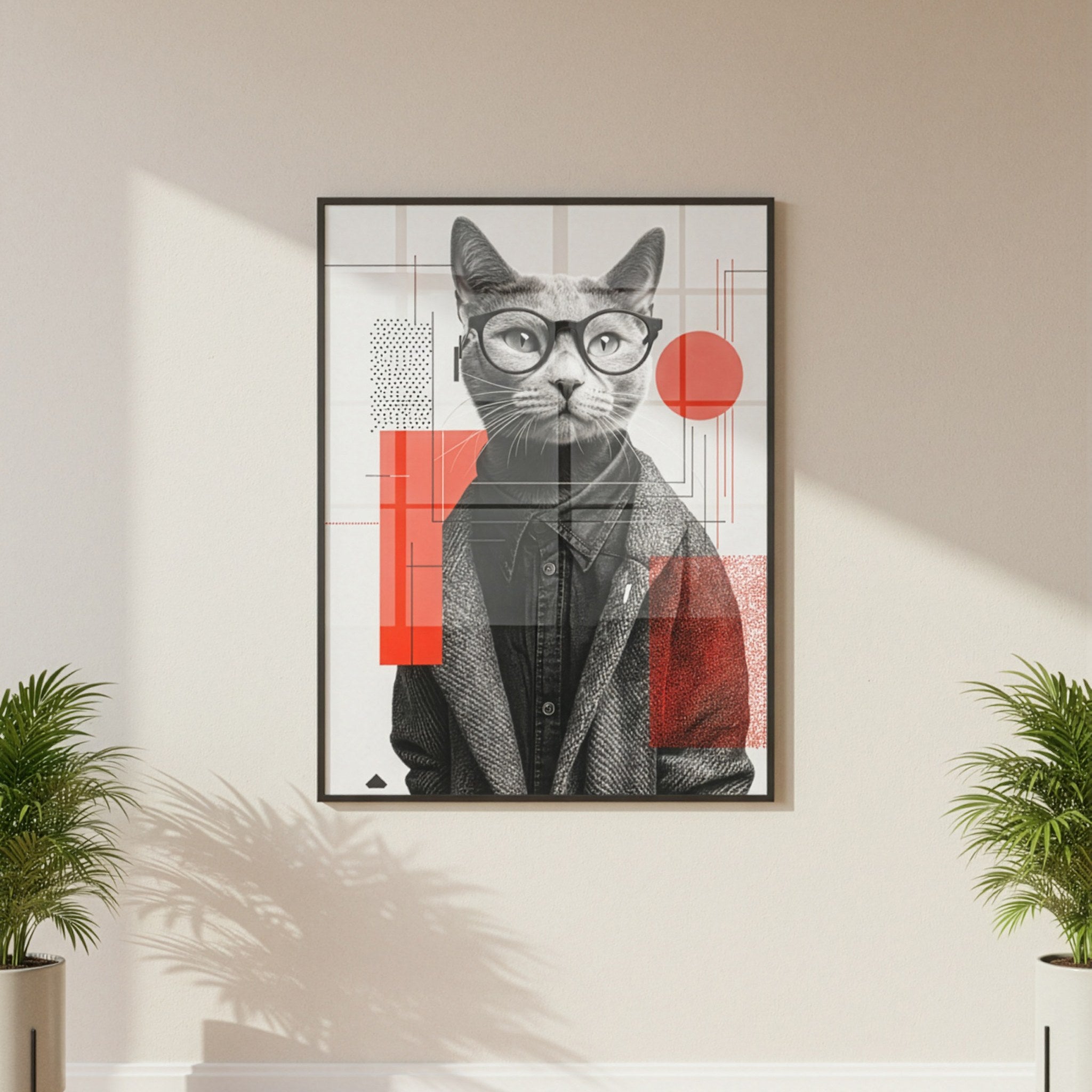 Gözlüklü kedi portresi posteri, bej duvarda siyah çerçeveli, iki yanında saksı bitkiler