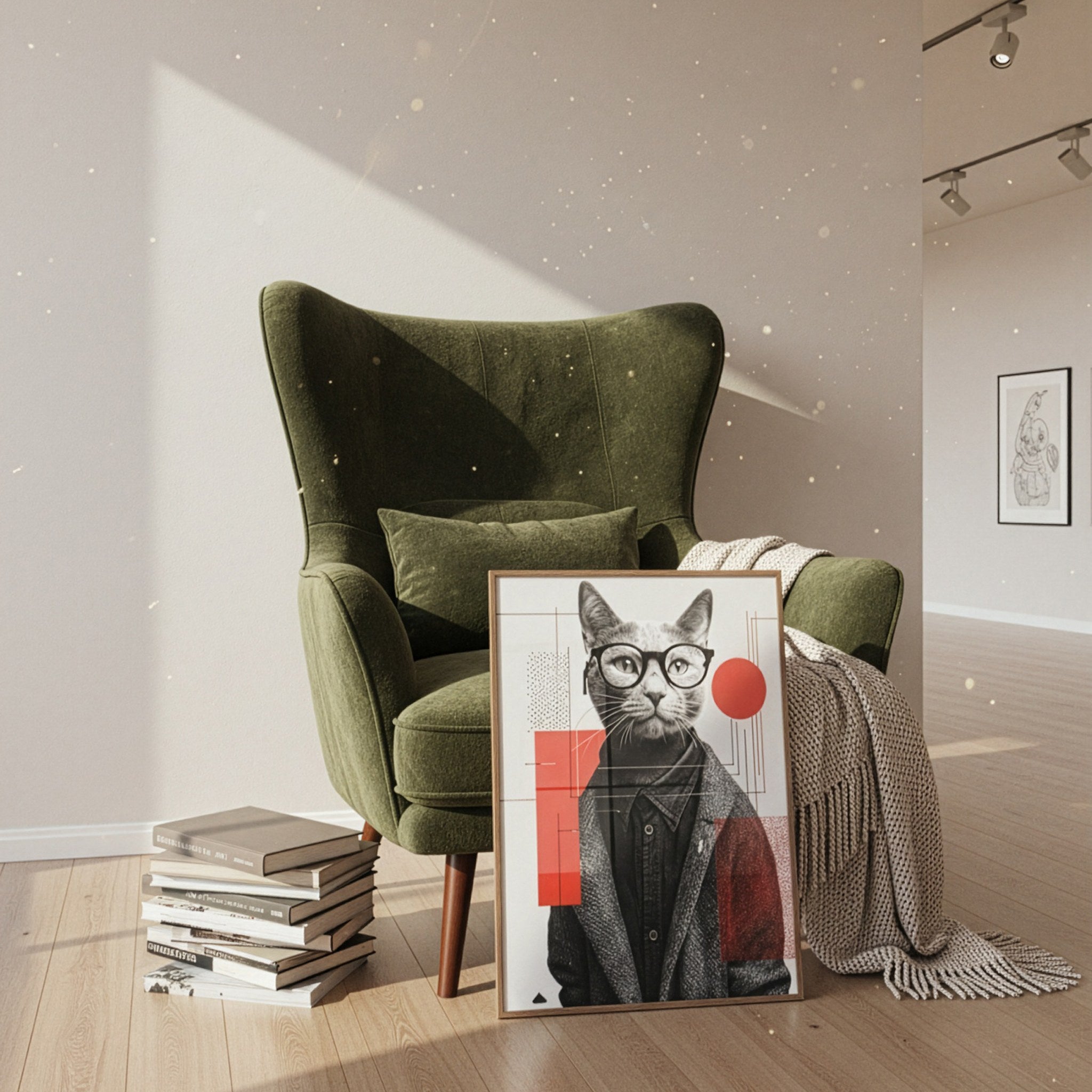 Gözlüklü kedi posteri, çerçeveli olarak yeşil koltuğa yaslanmış, yanında kitap yığını