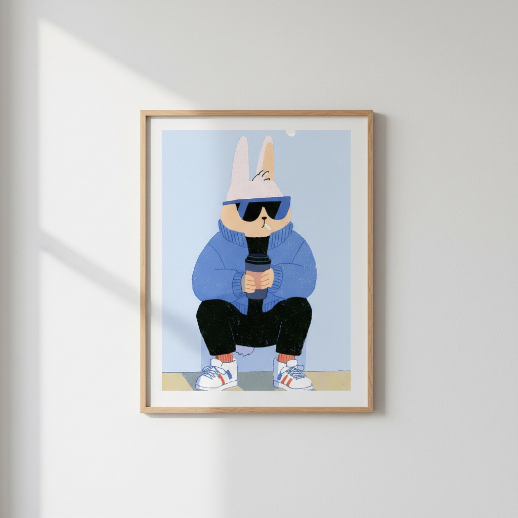 Güneş gözlüklü tavşan illüstrasyonlu poster, beyaz duvarda paspartulu doğal ahşap çerçeveli