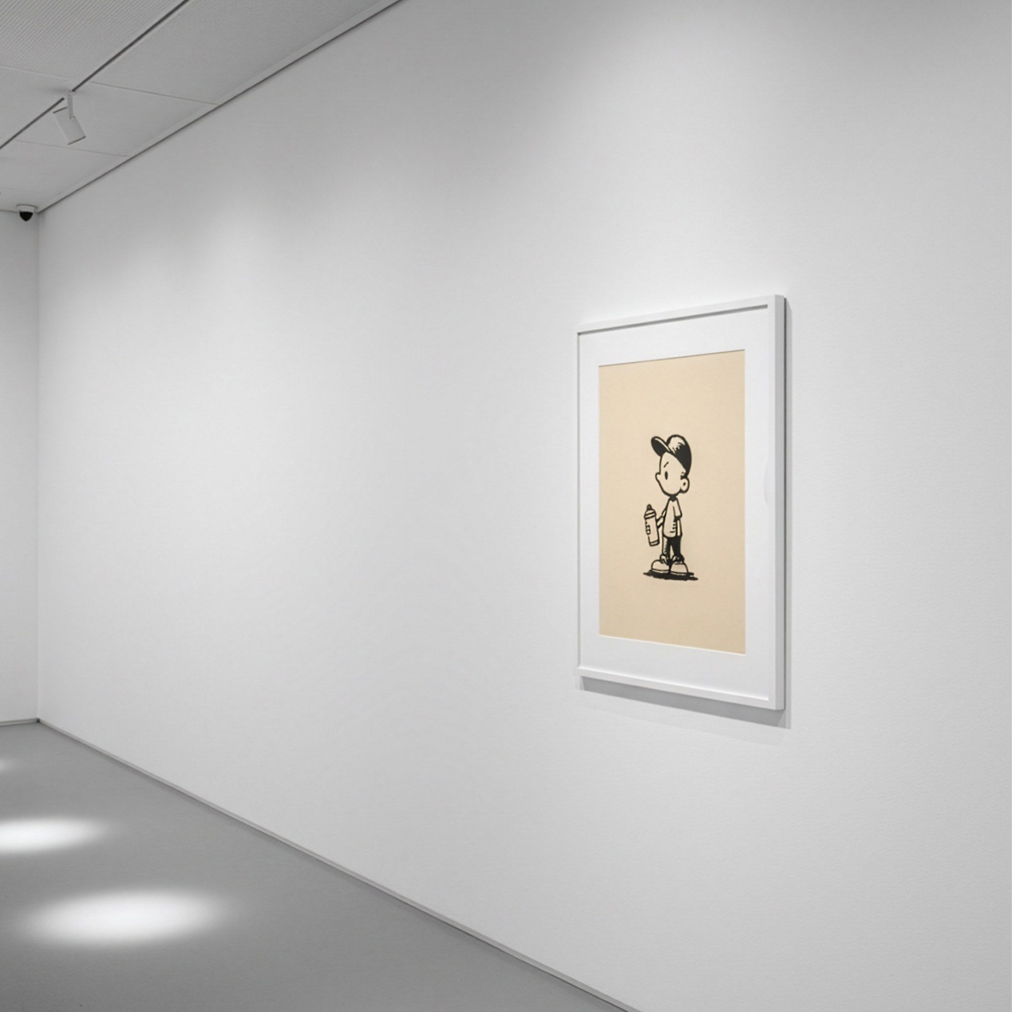 Minimalist graffiti çocuk posteri, beyaz galeri duvarında beyaz çerçeveli
