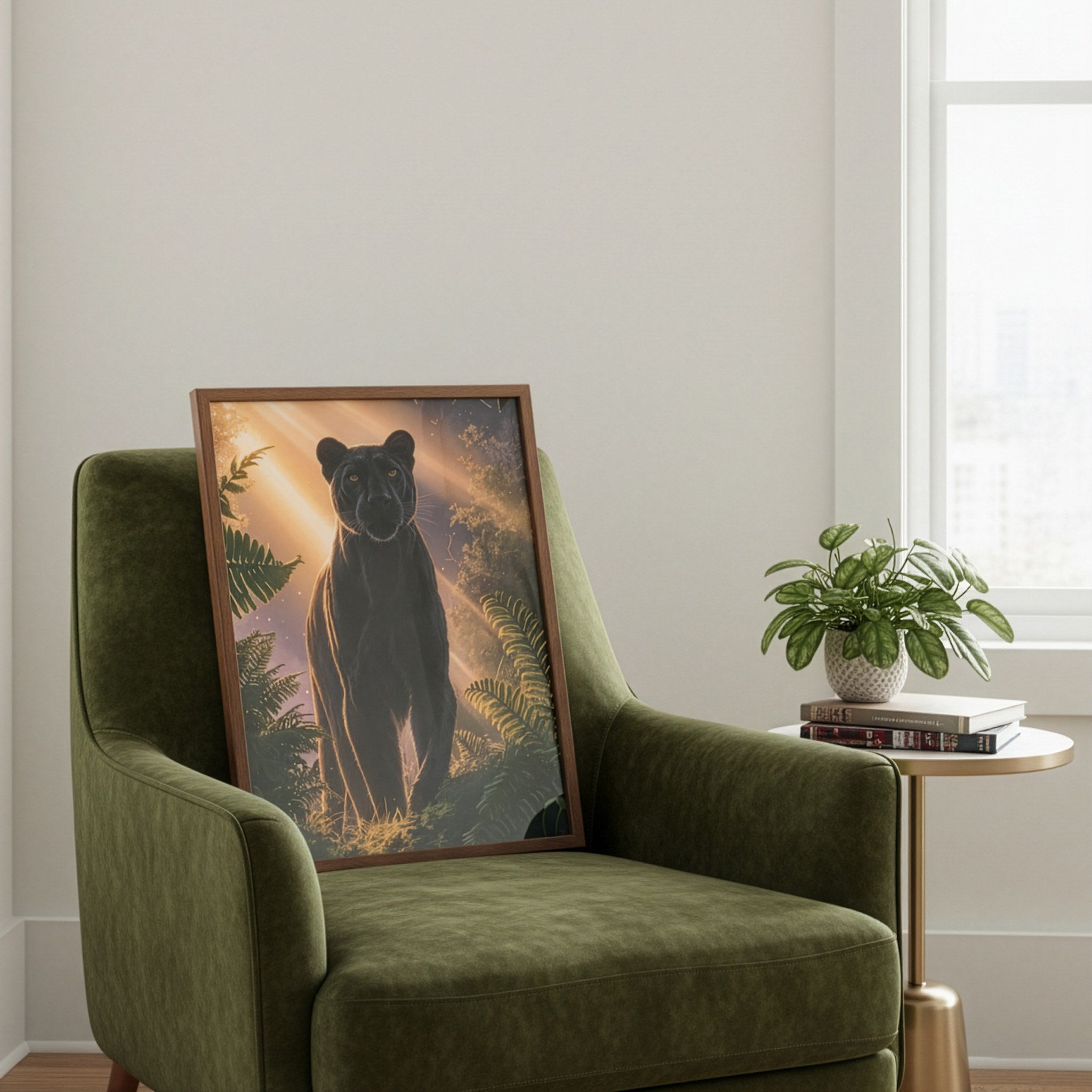 Güneş ışığındaki siyah panter posteri, yeşil kadife koltuğun üzerinde ahşap çerçeveyle