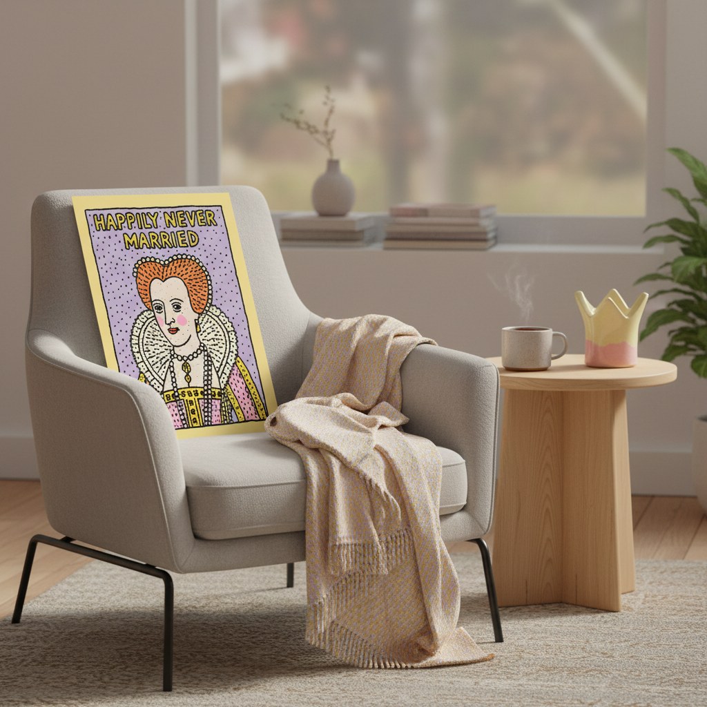 Happily Never Married posteri, açık gri koltuğa yaslanmış oda görünümü