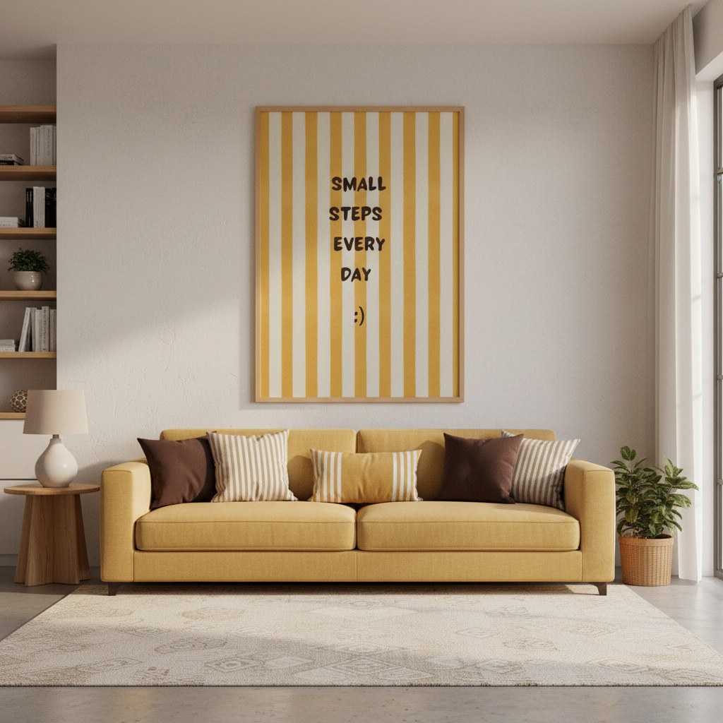 Hardal sarısı çizgili poster, salonda sarı kanepenin üzerinde ahşap çerçeveli