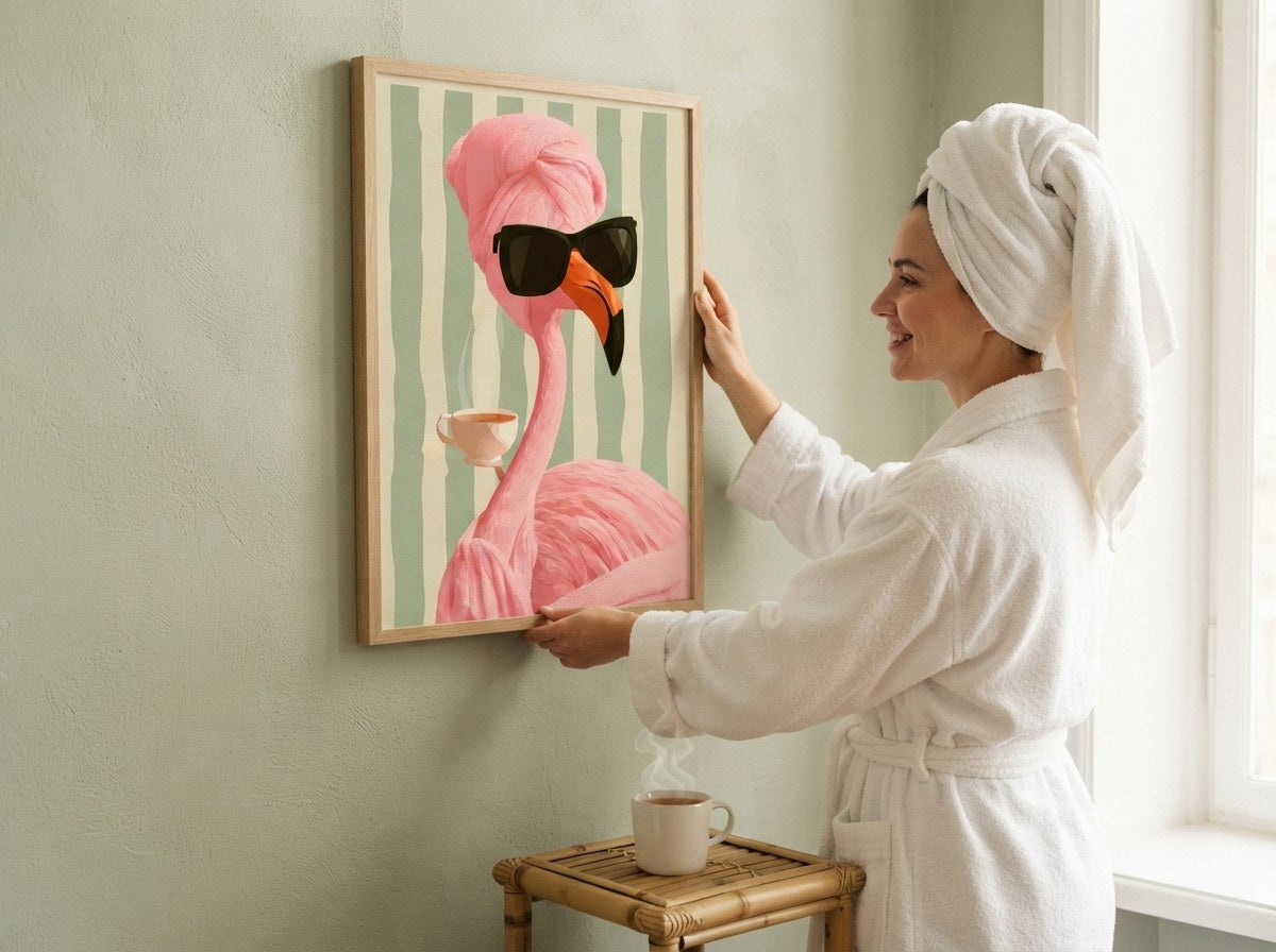 Bornozlu bir kadın havlu türbanlı flamingo posterini duvara asarken, ölçü karşılaştırması
