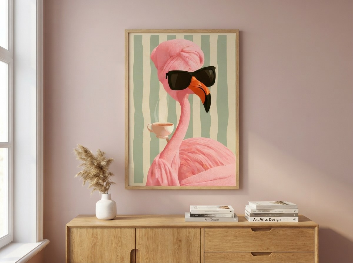 Spa temalı flamingo posteri, pembe salon duvarında ahşap konsolun üzerinde