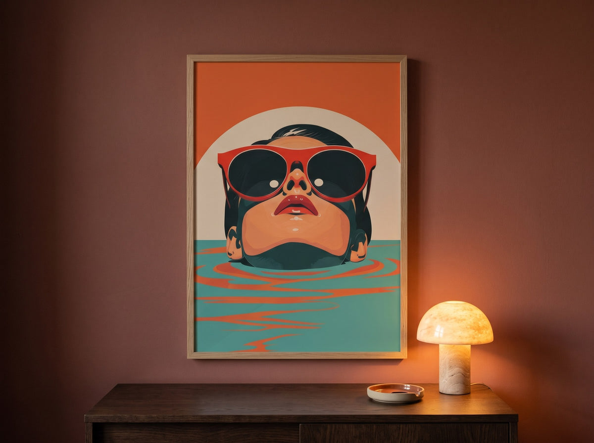 Turuncu ve turkuaz retro yaz posteri, kiremit rengi duvarda mantar lambanın akşam ışığında