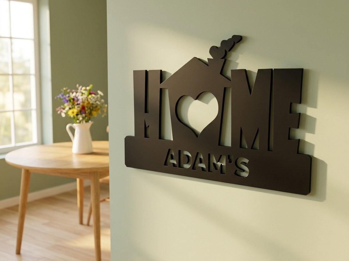 HOME yazılı isimli duvar dekoru, yemek alanının yeşil duvarında açılı görünüm